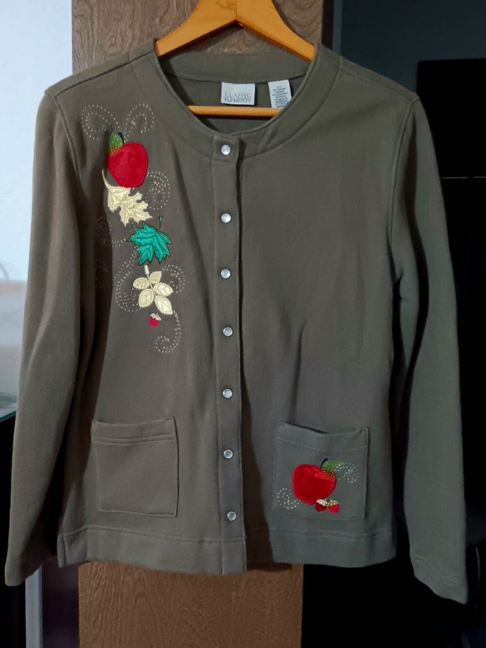 Classic Elements Olive Green Embroidered Cardigan Sweater, Size S